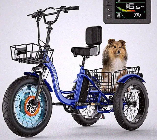 MOONCOOL 20" Fat Tire Electric Tricycle Trike Peak1000W Folding/Non-folding Bike
