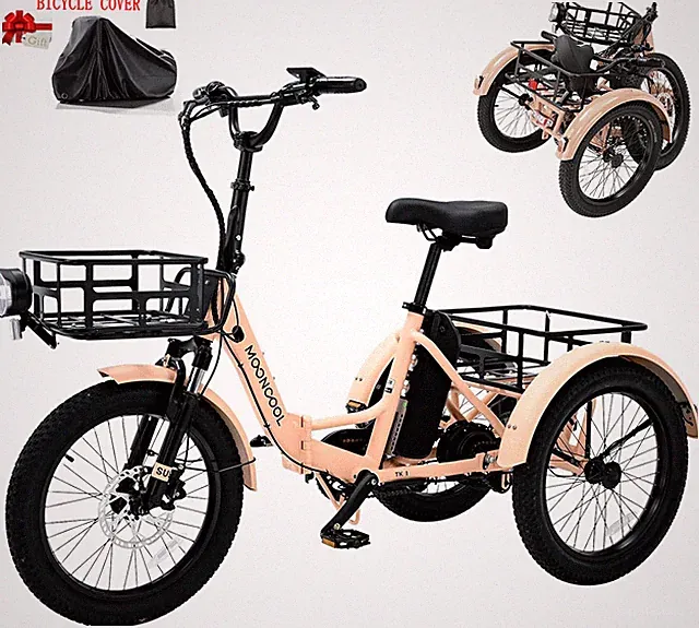 MOONCOOL 20" Pink Folding Electric Bike Trike 48V 500W Peak 1000W Tricycle Ebike