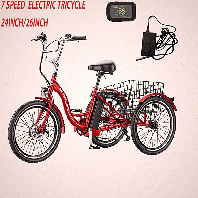 MOONCOOL 7 Speed Electric Tricycle Trike 350W Ebike for Adults Electric W/Charge
