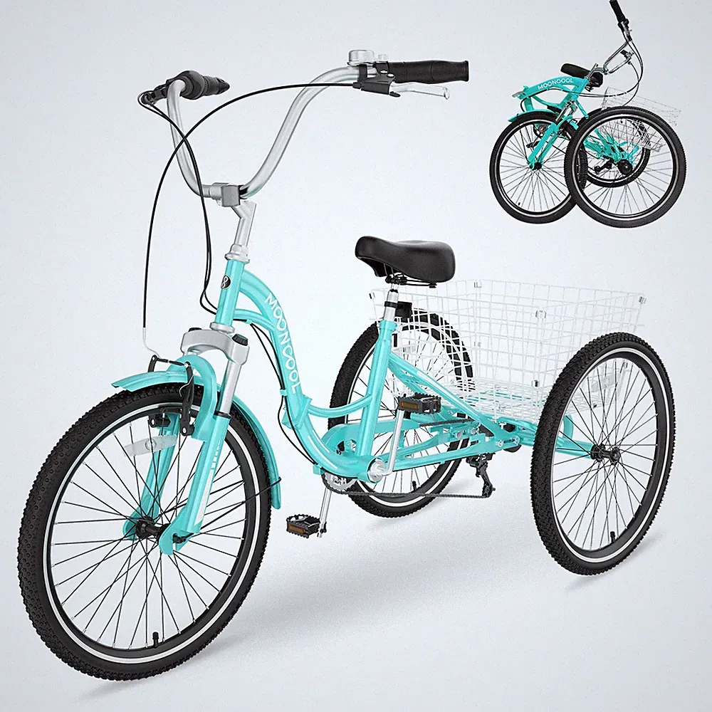 MOONCOOL Adult Portable Foldable Bike Tricycle 26'' 7 Speed Folding Trike Basket