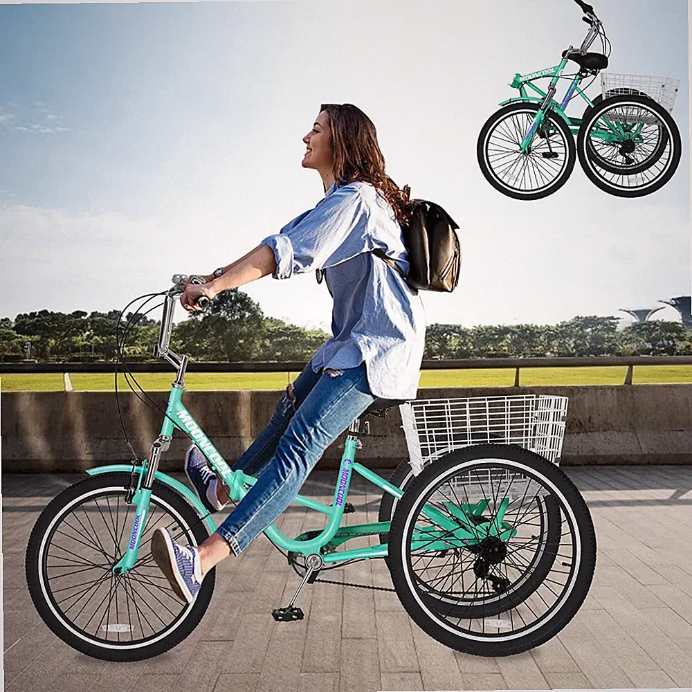MOONCOOL Adults Folding Tricycle 24" 3 Wheel 7 Speed Trike Bicycle Bike W/Basket