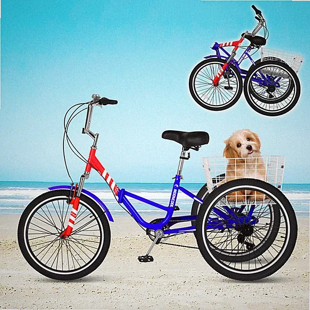 MOONCOOL Adults Youth Folding Tricycle 24" Three-Wheels 7 Speed Trike Bicycle